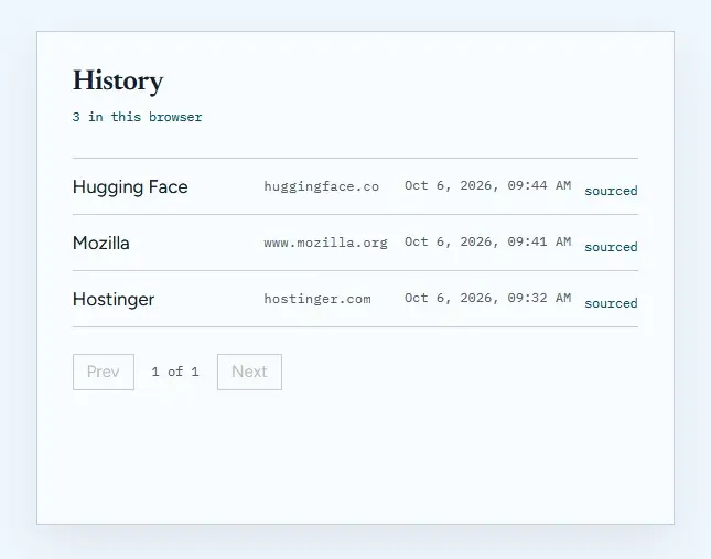 History ledger of briefs stored in the browser